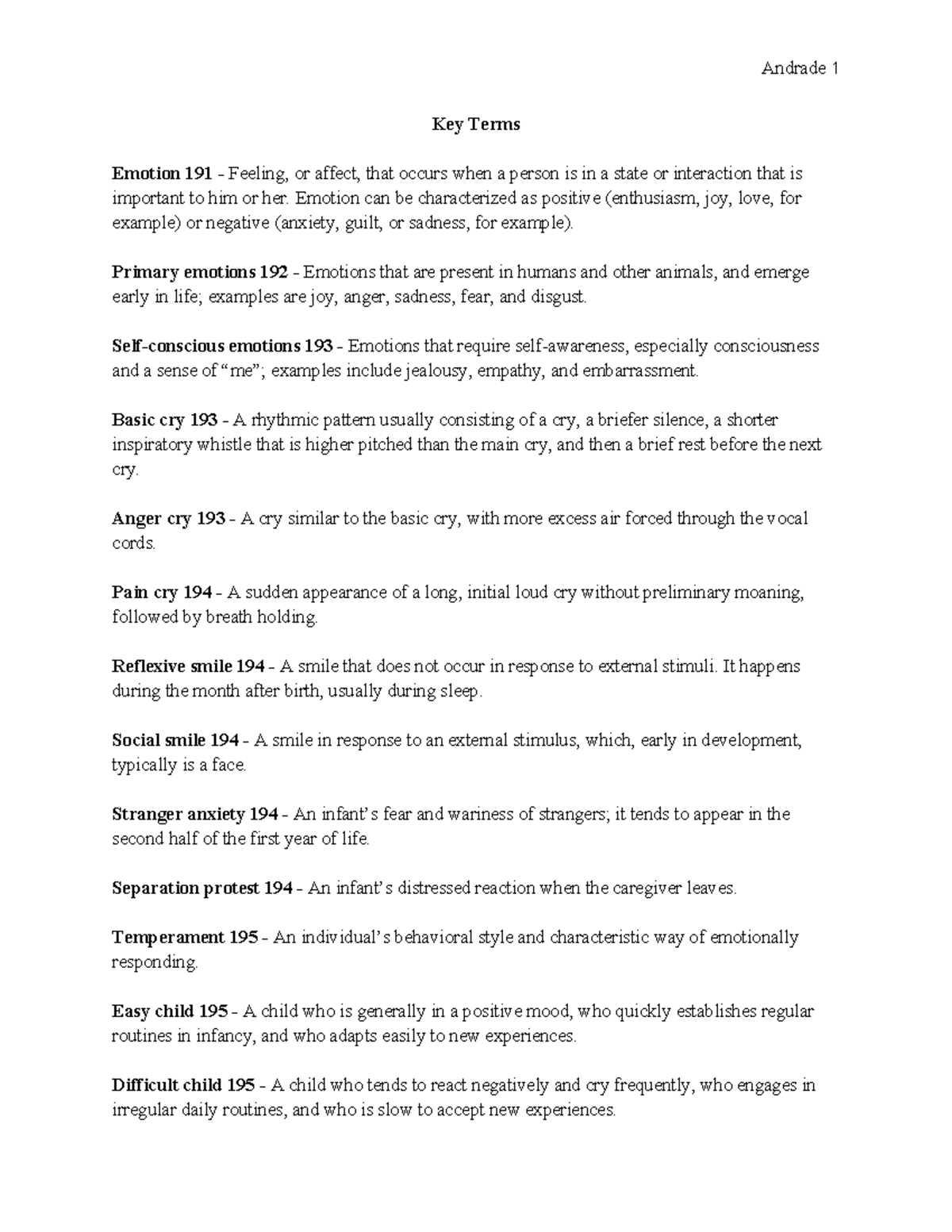 Key Terms 7 - key definitions - Andrade 1 Key Terms Emotion 191 ...