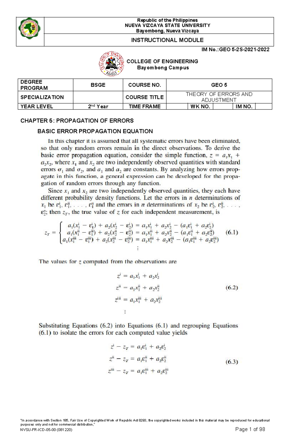 Module 5 THEORY OF ERRORS AND ADJUSTMENT NUEVA VIZCAYA STATE