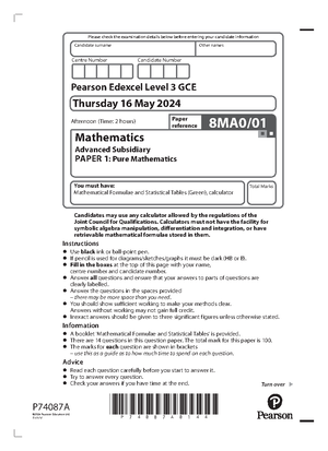 0s5 9MA0-01 Pure 1 - Mock set 5 question paper (pdf) - S77992A0144 Turn ...