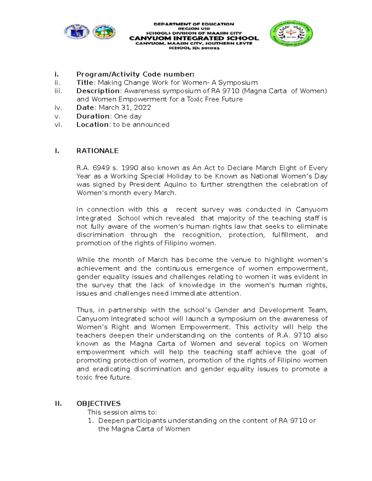 GAD Activity proposal For Teachers Womans Right Awareness I Ii Iv 