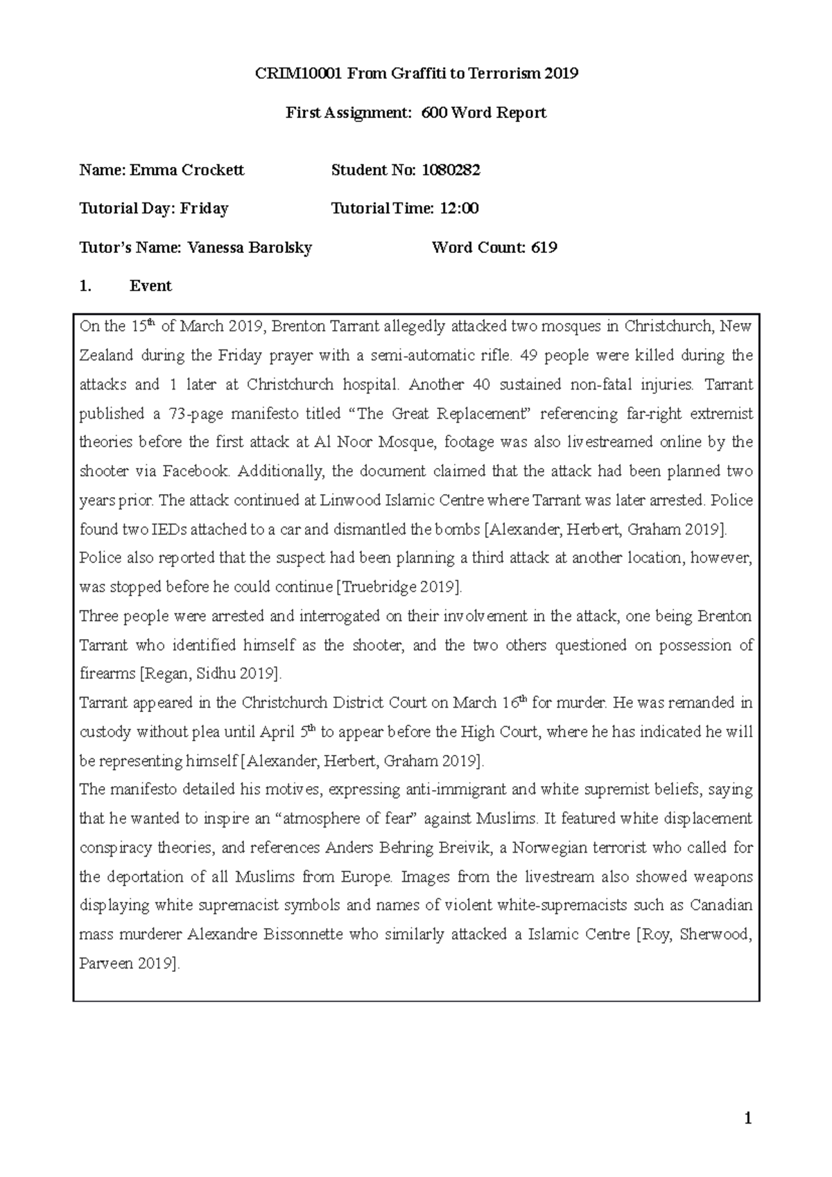 CRIM Assignment 1 - CRIM10001 From Graffiti to Terrorism 2019 First ...