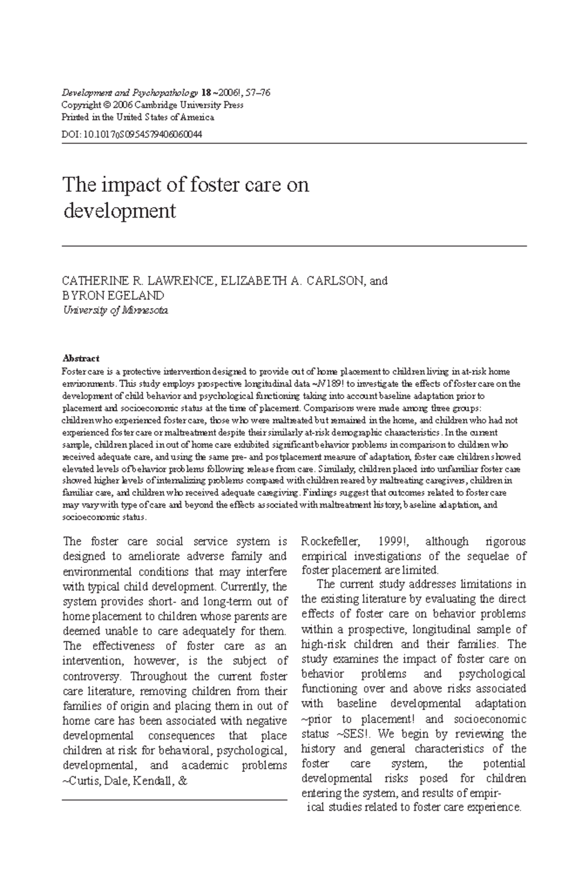 The impact of foster care on development - Development and ...