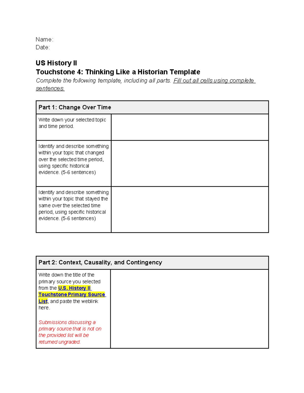US History II Touchstone 4 Template - Name: Date: US History II ...