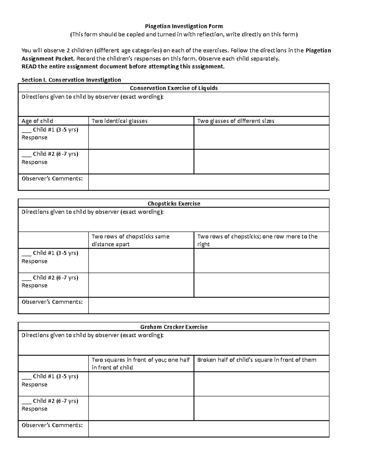 Piagetian Investigations Assignment Form Piagetian Investigation