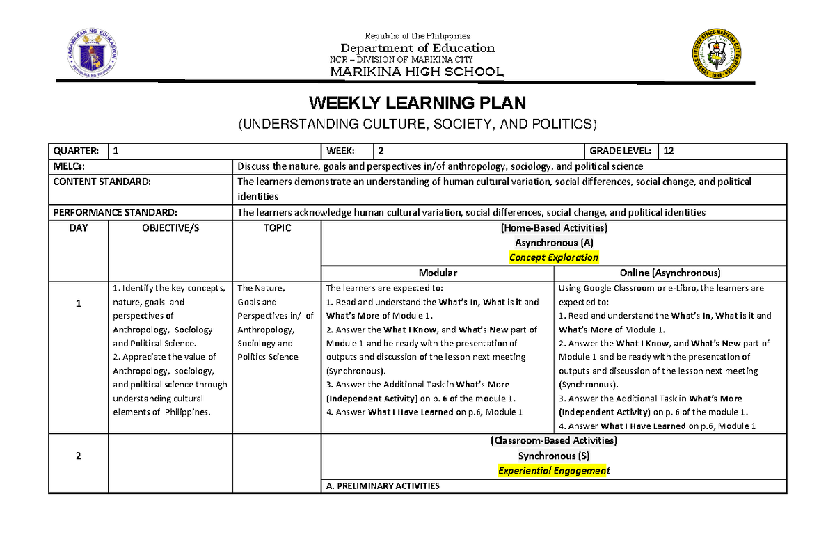 WLP Sample - Weekly Learning Plan - Department Of Education NCR ...