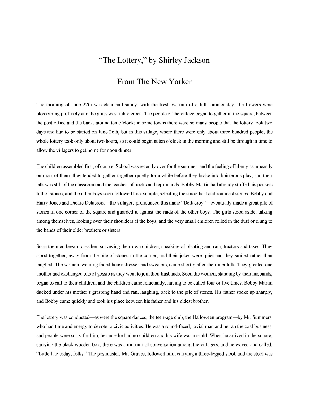 thesis statement for the lottery by shirley jackson