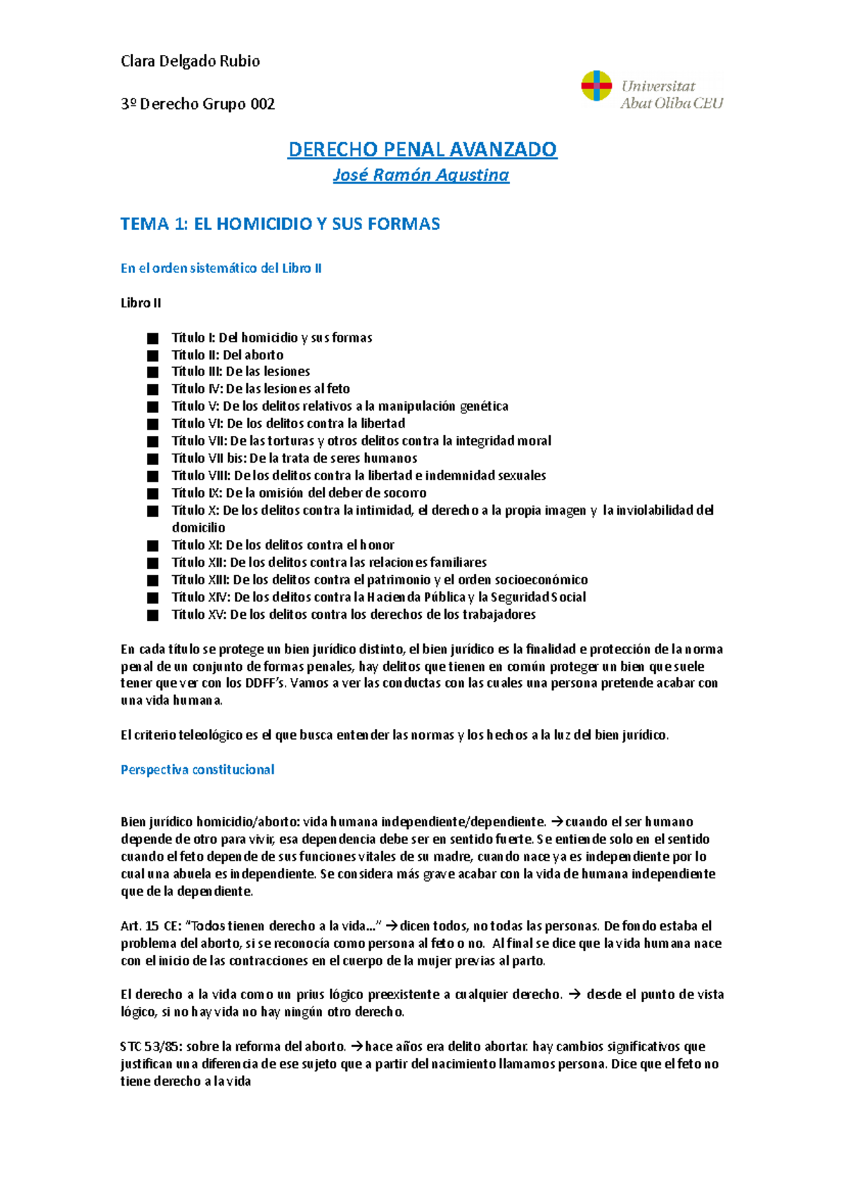 Penal Ii Derecho Grupo Derecho Penal Avanzado Jos Ram N Agustina Tema El Homicidio