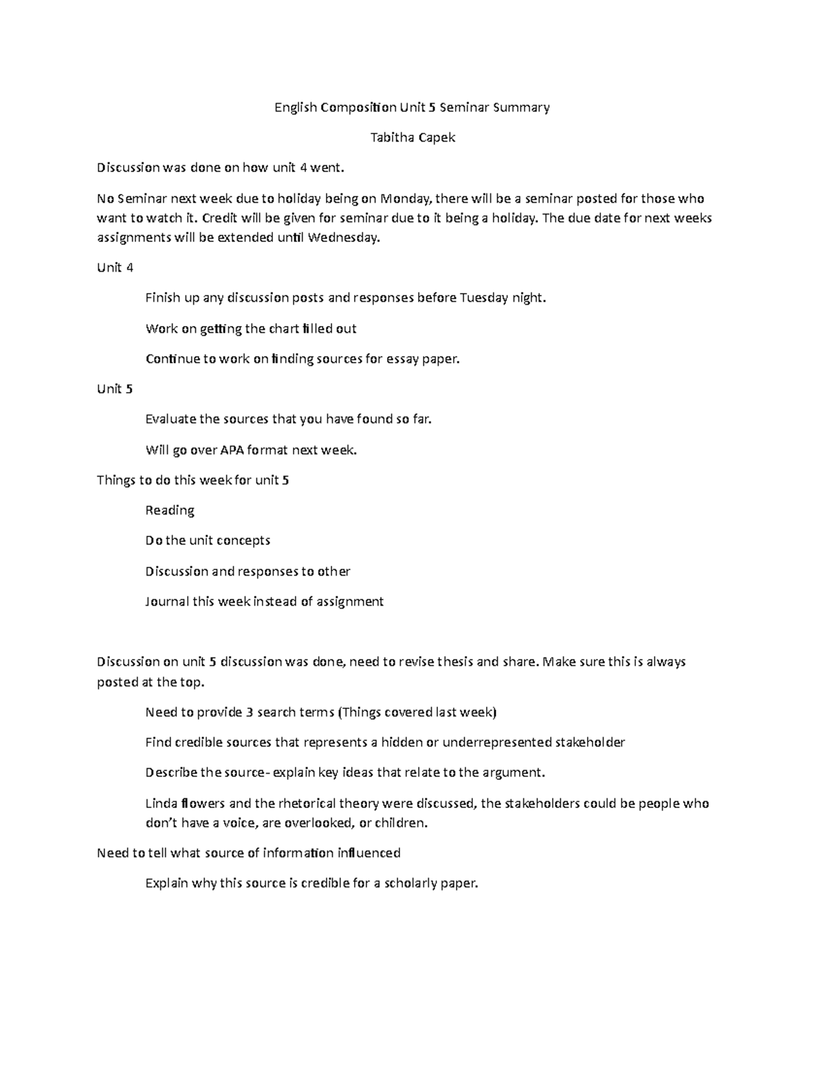 English Composition Unit 4 Seminar Summary - English Composition Unit 5 ...
