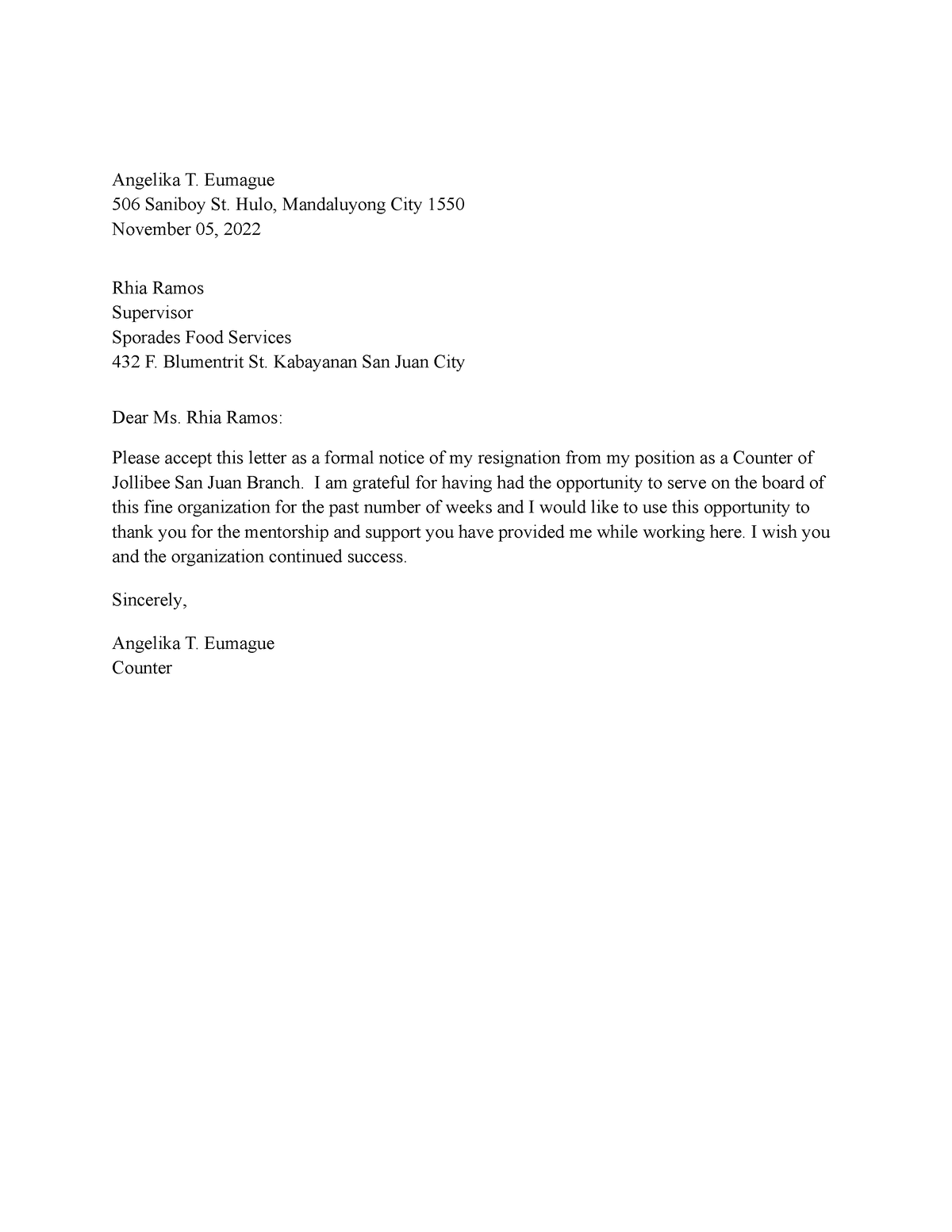 Resignation Letter - Angelika T. Eumague 506 Saniboy St. Hulo ...