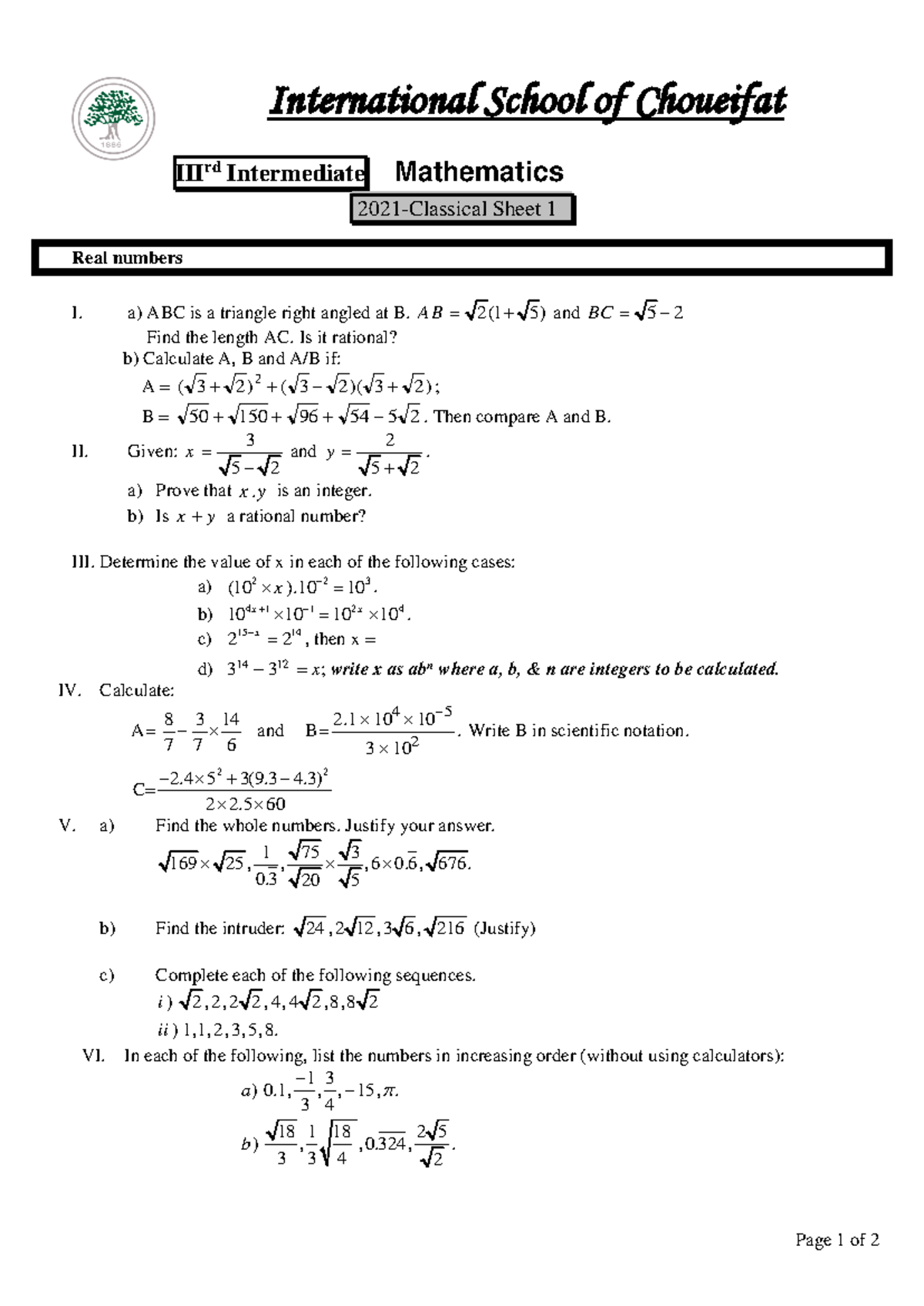 2021-Brevet Math Sheet 1 2021 3 - Page 1 of 2 International School of ...