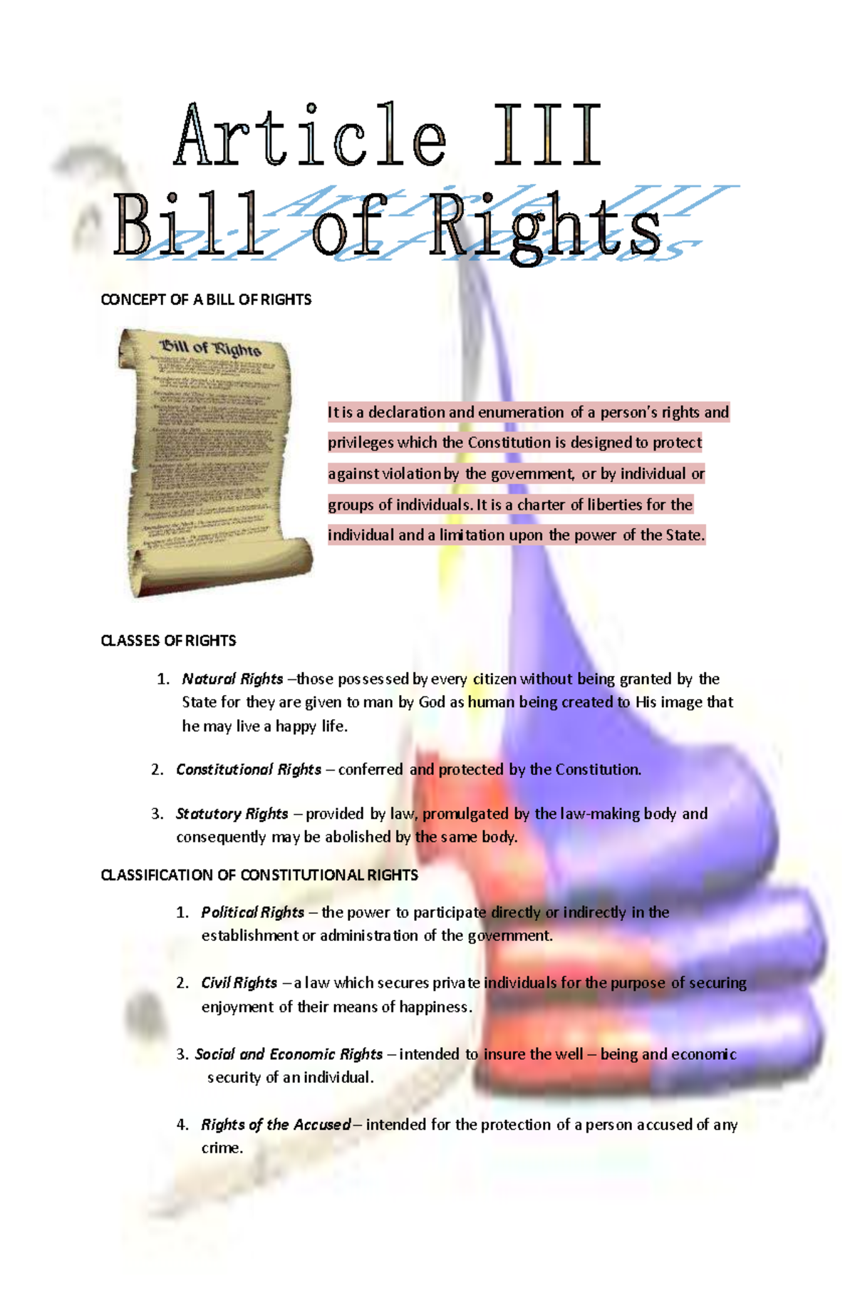 5 - Bill of Rights - notes - CONCEPT OF A BILL OF RIGHTS It is a ...