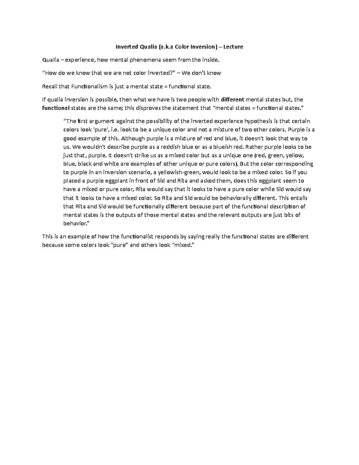 Inverted Qualia These are lecture notes taken directly from the