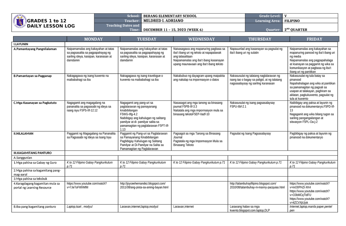 DLL Filipino 5 Q2 W6 - DLL - GRADES 1 To 12 DAILY LESSON LOG School ...