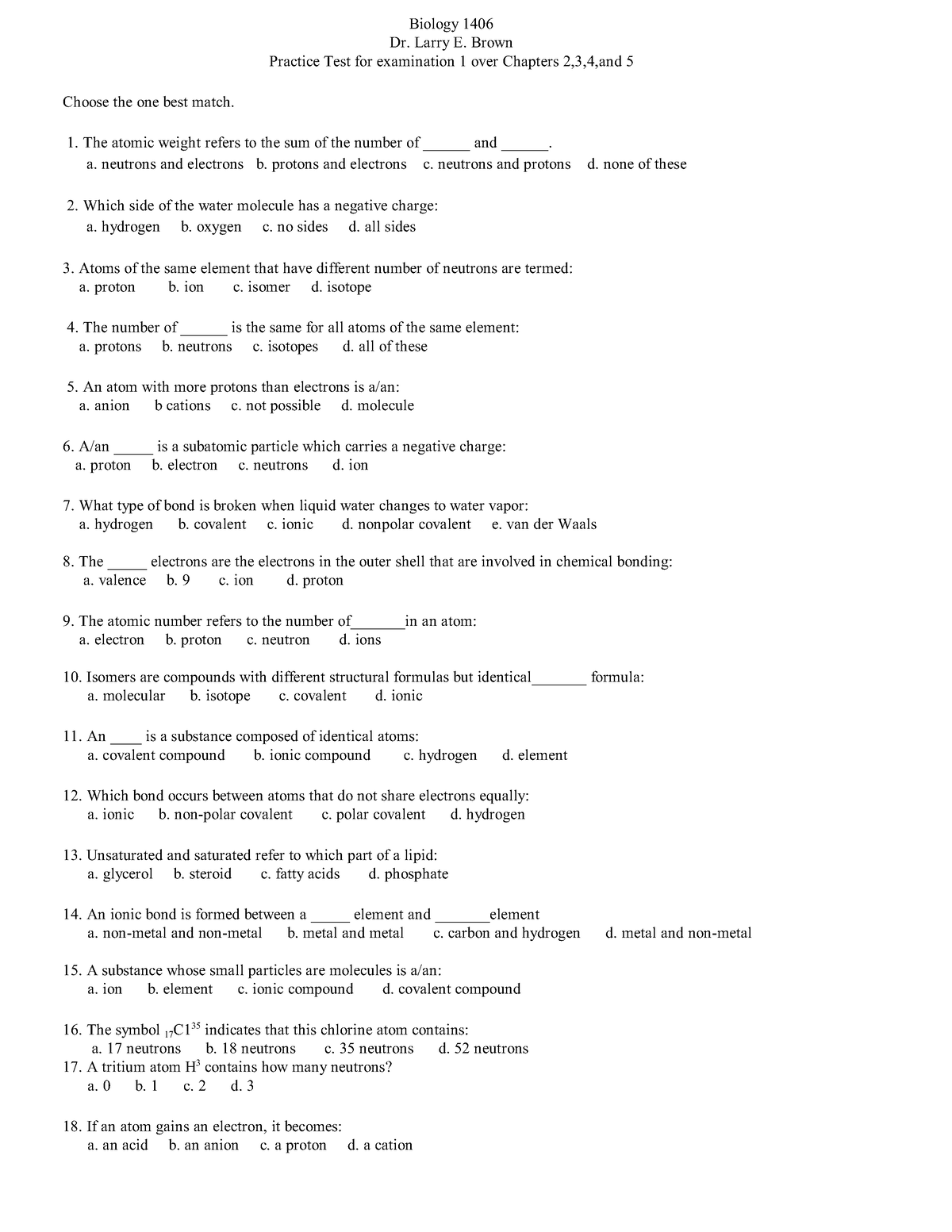 Biology 1406 Practice Test 1 Biology 1406 Dr Larry E Brown Practice Test For Examination 1 8745