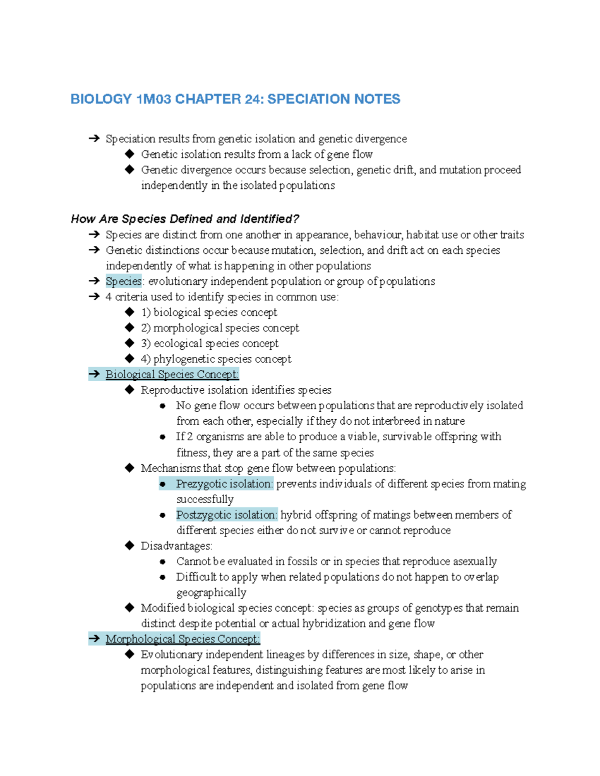 Biology 1M03 Chapter 24 Speciation Notes - BIOLOGY 1M03 CHAPTER 24 ...