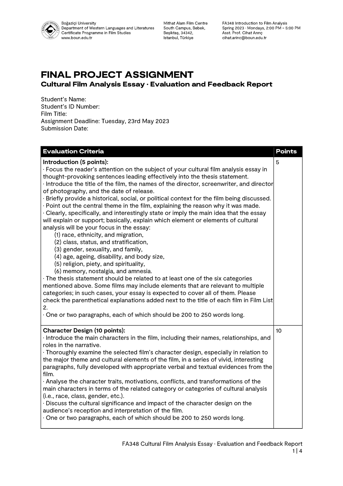 FA348.01 Final Essay Evaluation Criteria (Spring 2023) - Department of ...