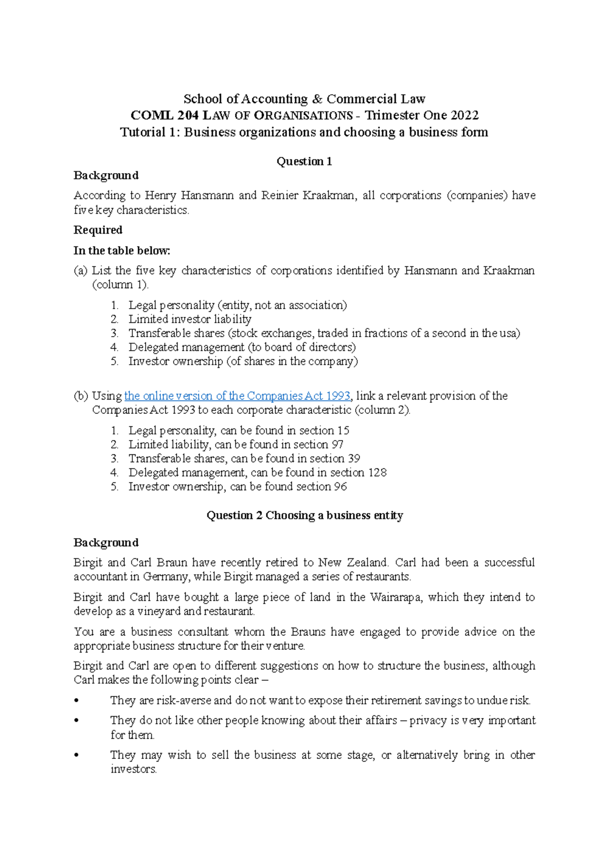 Tutorial One - info - School of Accounting & Commercial Law COML 204 ...