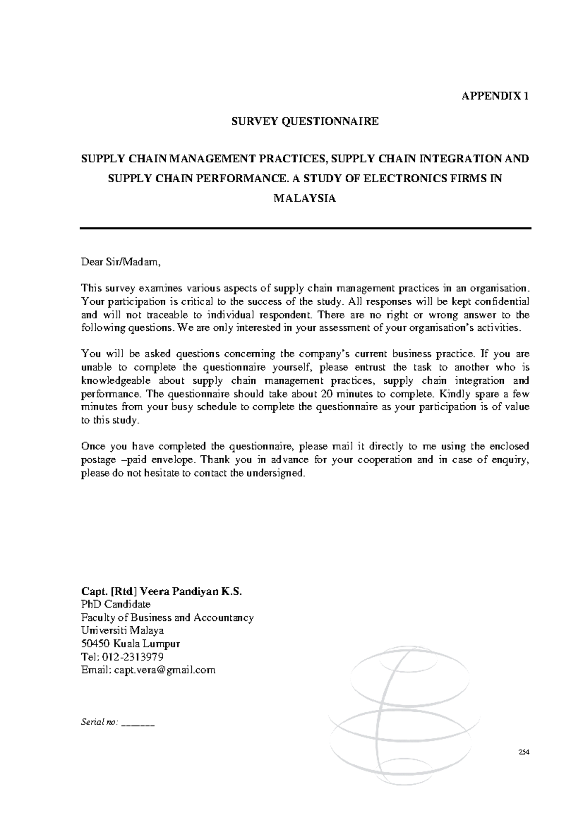 APDX logistics and supply chain management APPENDIX 1 SURVEY