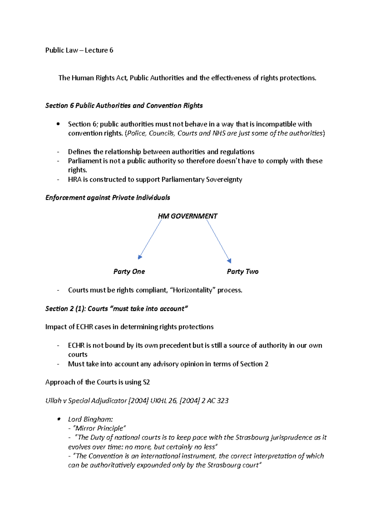 Public Law - Lecture 6 - Public Law – Lecture 6 The Human Rights Act ...