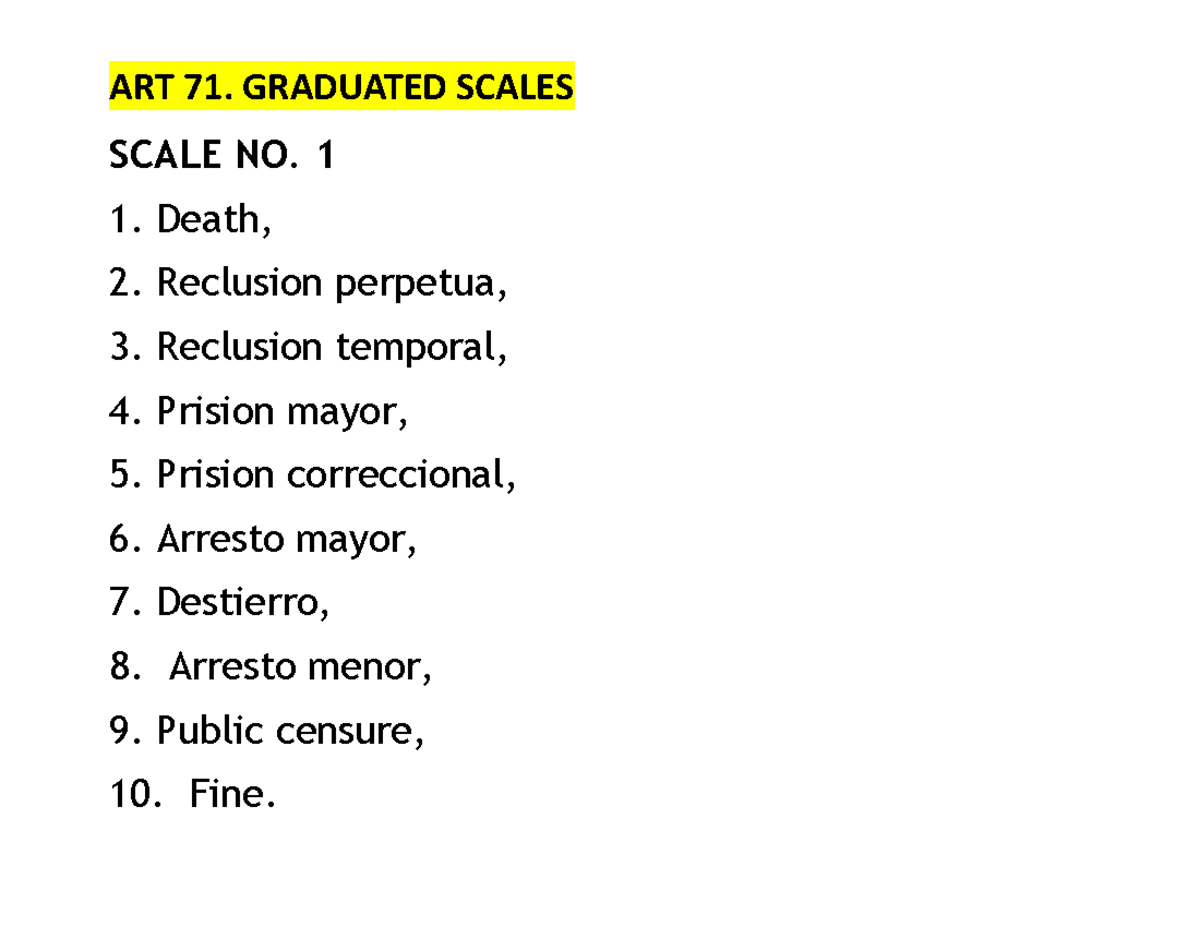 Reference N/A ART 71. GRADUATED SCALES SCALE NO. 1 1. Death, 2