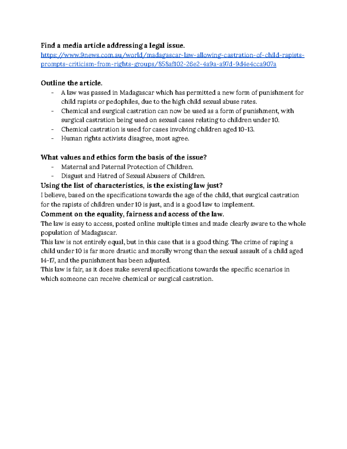 Legal Media Article Analysis - Find a media article addressing a legal ...