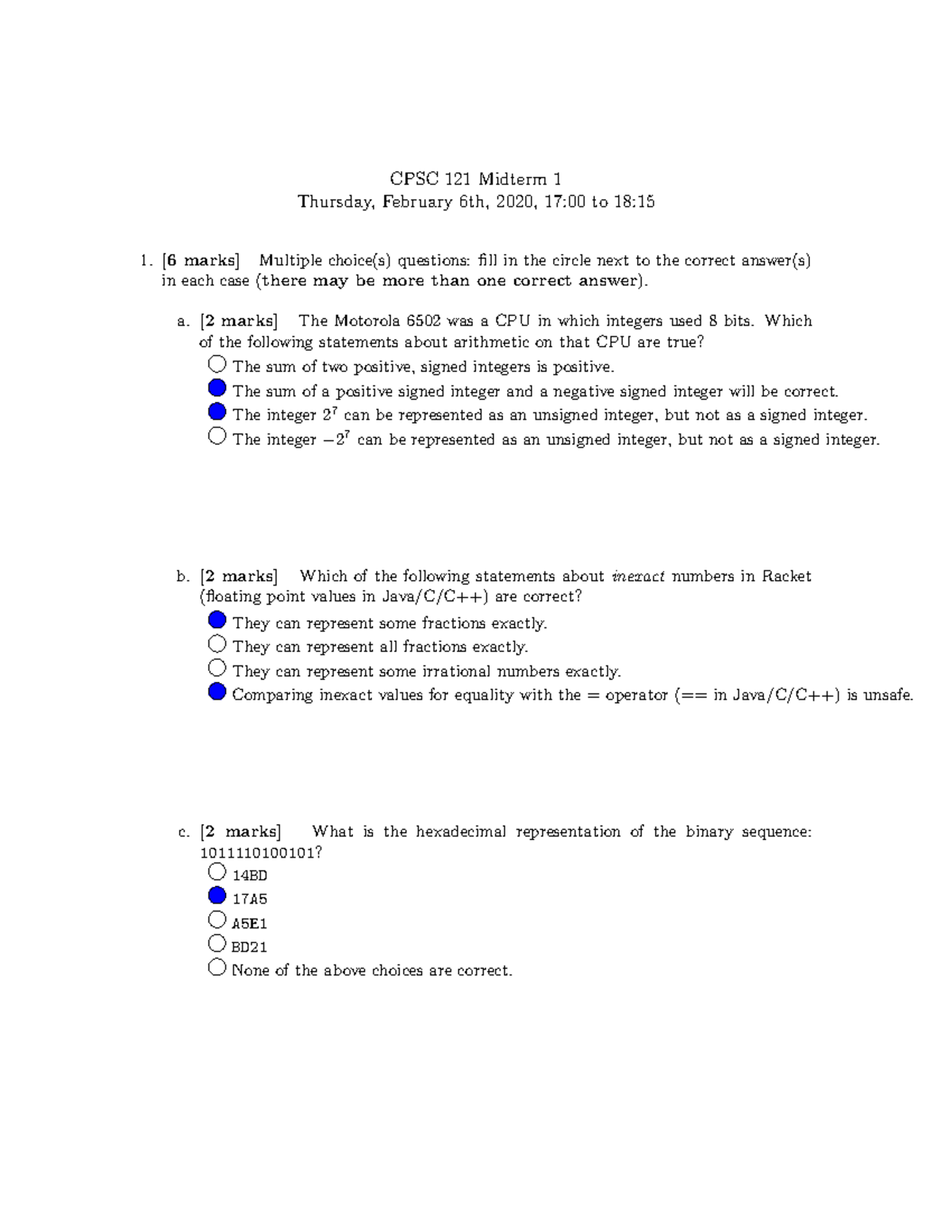 2019 20 Winter Term 2 Midterm 1 Solutions - CPSC 121 Midterm 1 Thursday ...