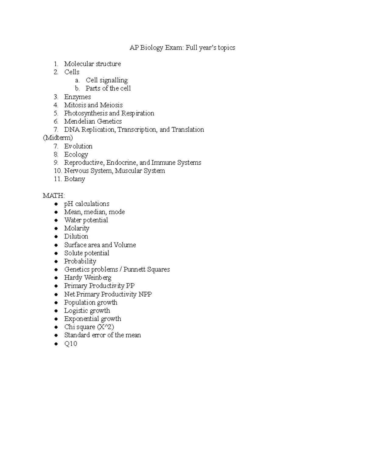 AP BIO exam year topics AP Biology Exam Full year’s topics Molecular