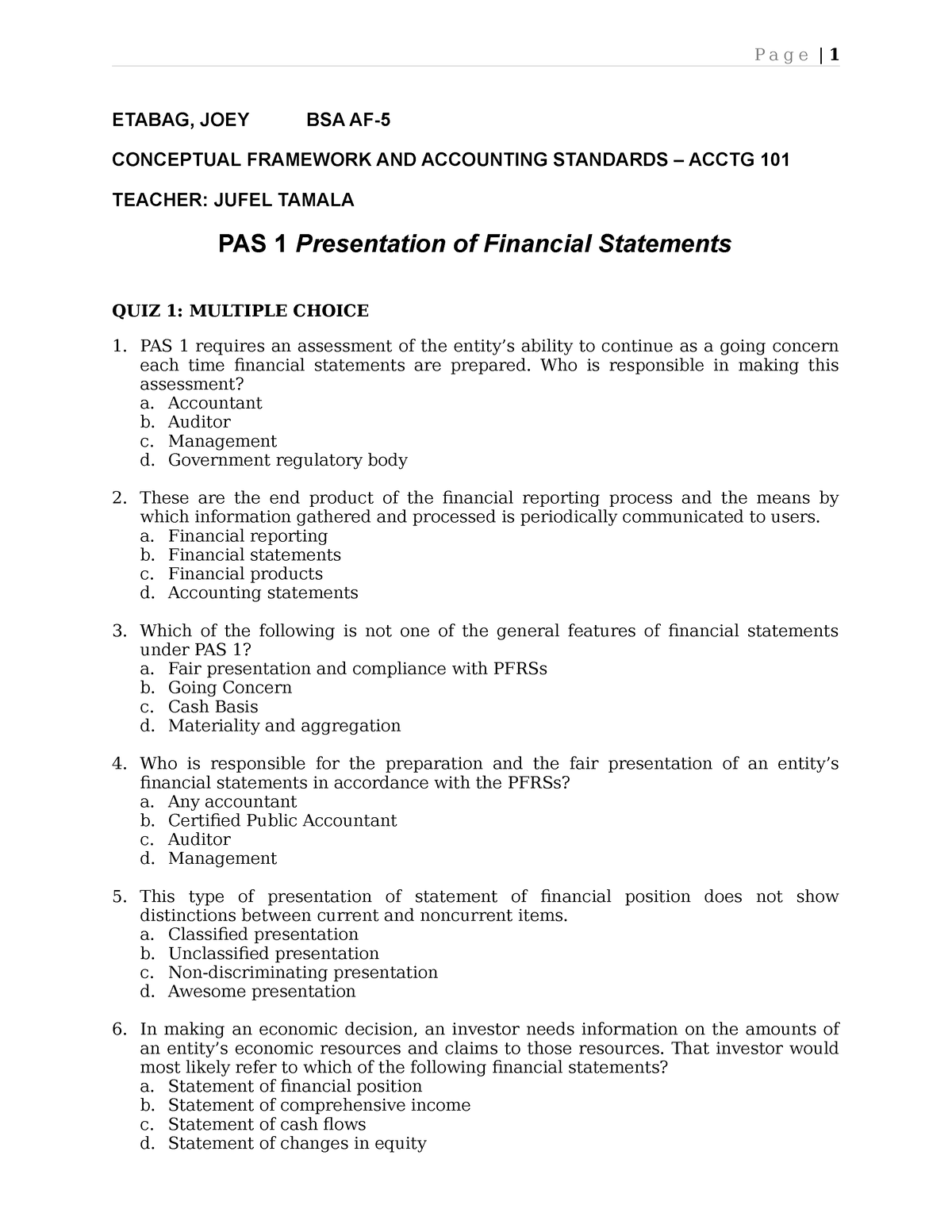 PAS1 Exercise 1 CFAS - Review Mat For PAS 1 - CFAS - P A G E | 1 ETABAG ...