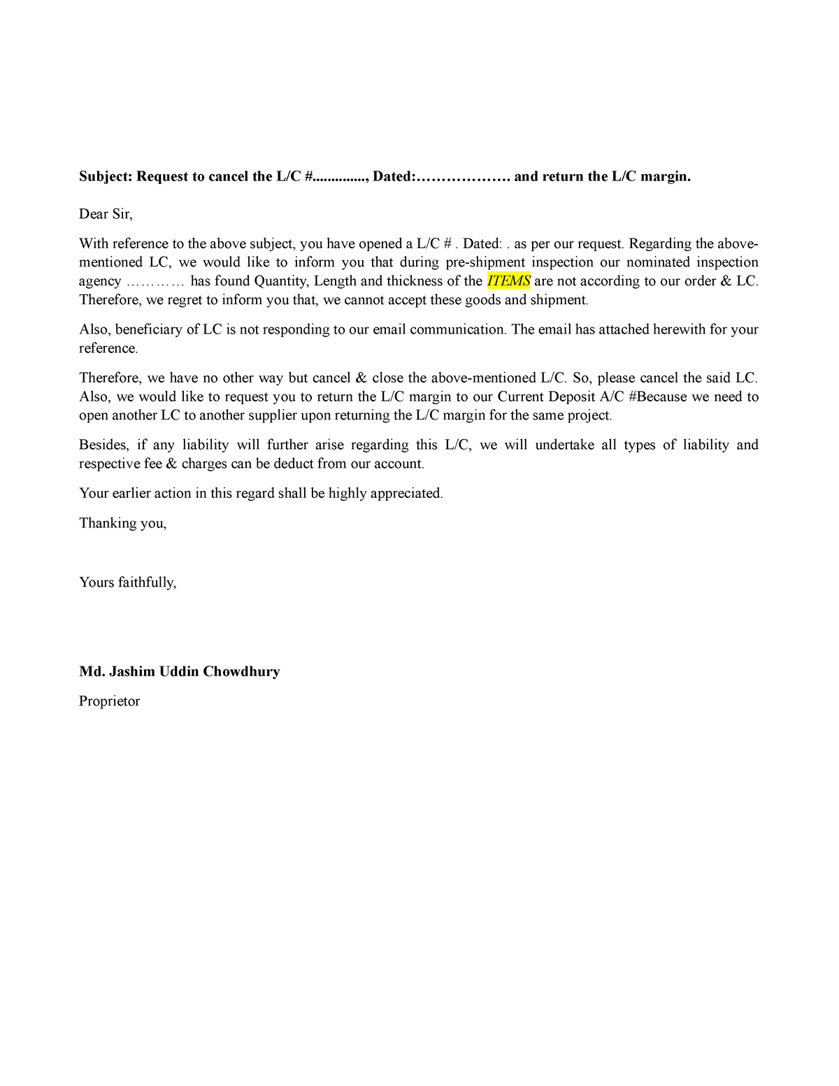 LC Cancel letter demo - Subject: Request to cancel the L/C ...
