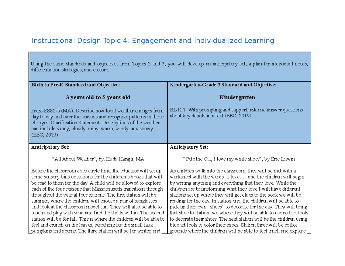 Instructional Design Topic 4 - Birth to Pre-K Standard and Objective: 3 ...