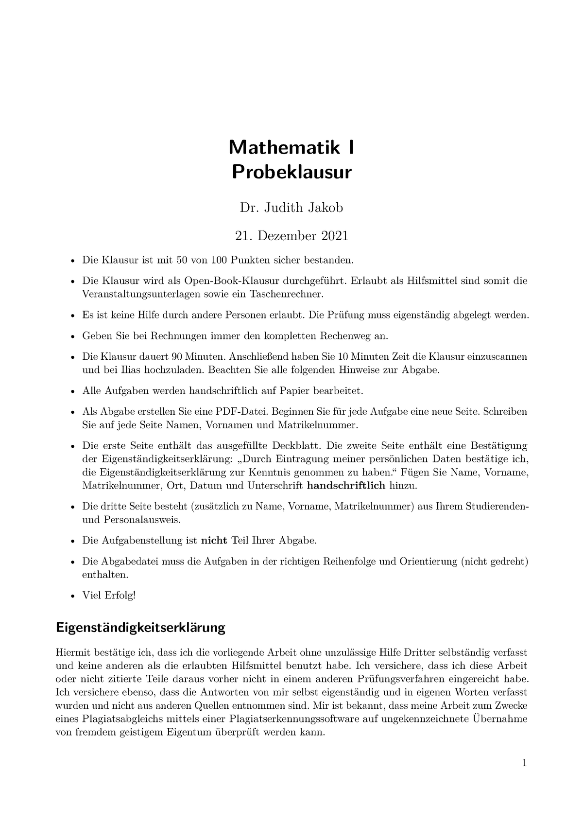 Probeklausur - Wintersemester - Mathematik I Probeklausur Dr. Judith ...