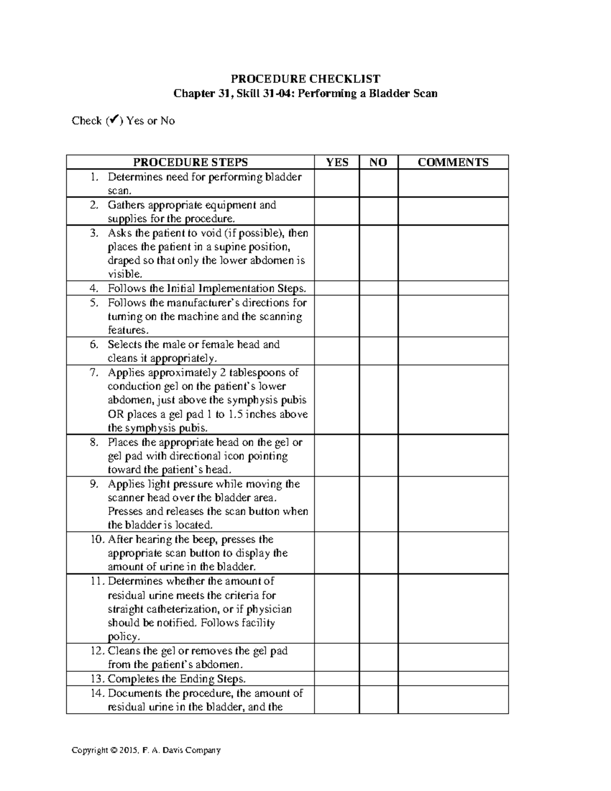 31-04 Performing a Bladder Scan - Copyright © 2015, F. A. Davis Company ...