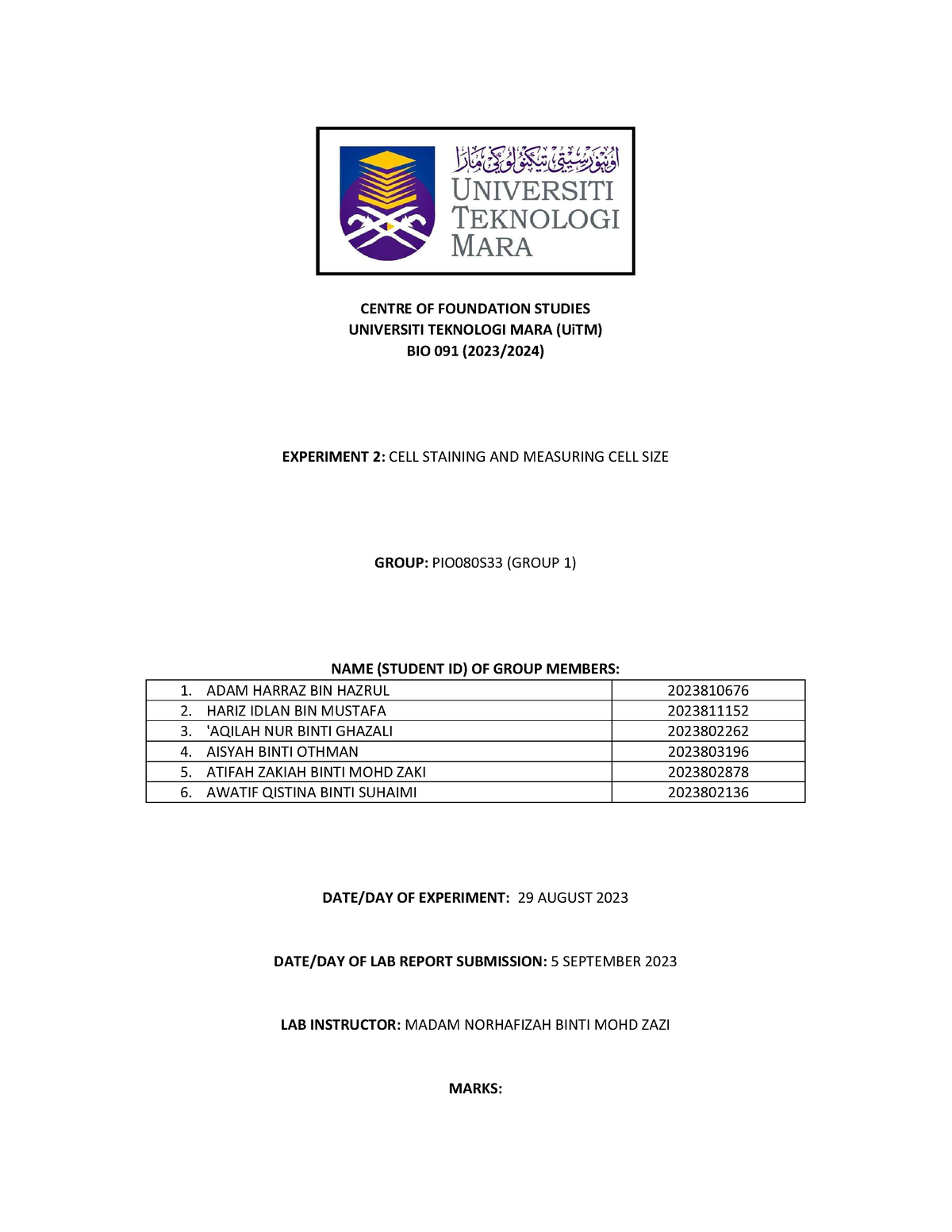 Lab Report Exp 2 Biology - CENTRE OF FOUNDATION STUDIES UNIVERSITI ...