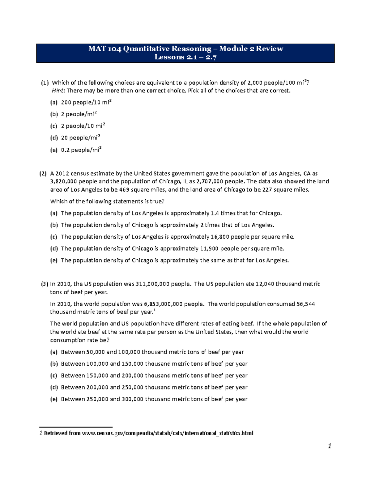 Module 2 Review UFS MAT 104 Quantitative Reasoning Module 2 Review