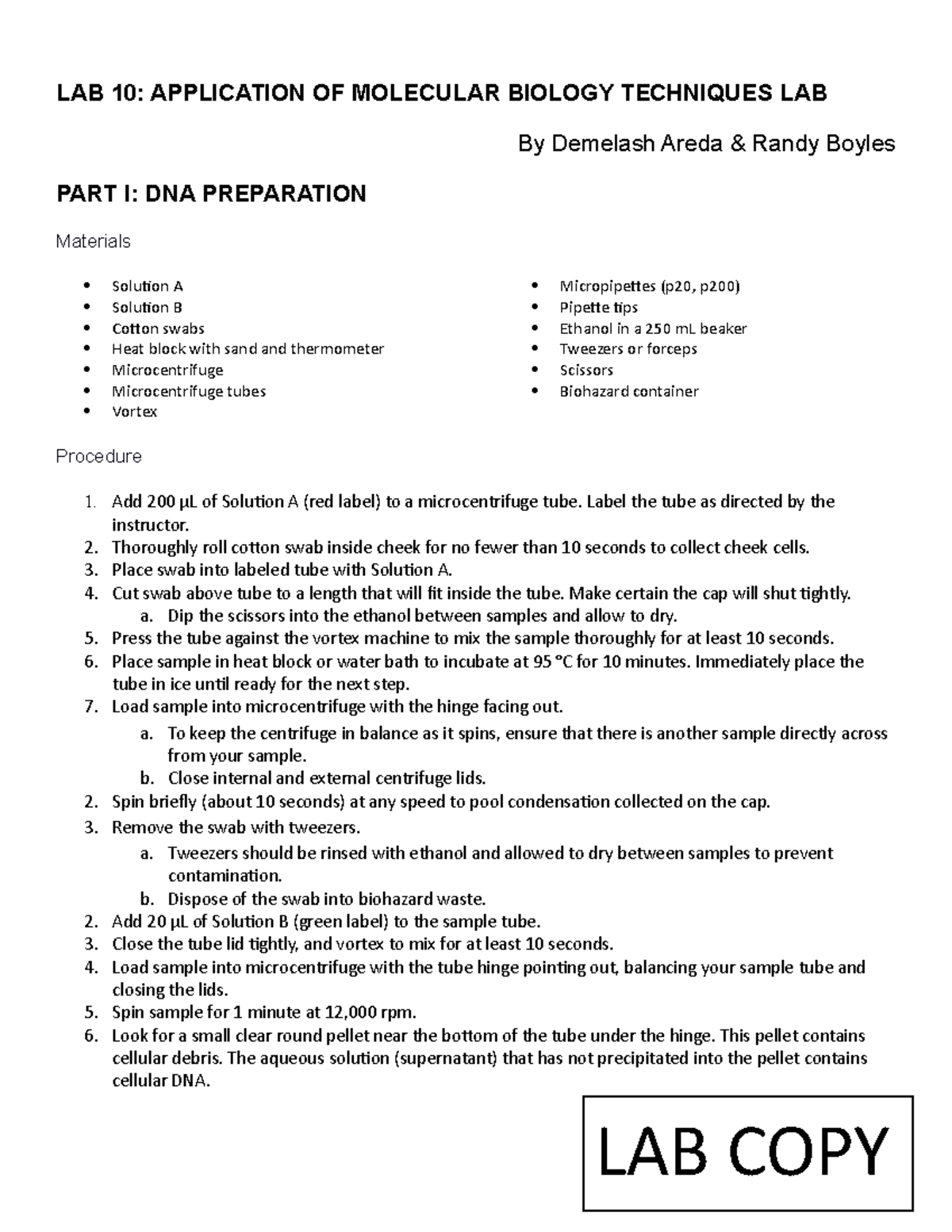 10 PCR Lab Protocol S19 Practice LAB 10 APPLICATION OF MOLECULAR