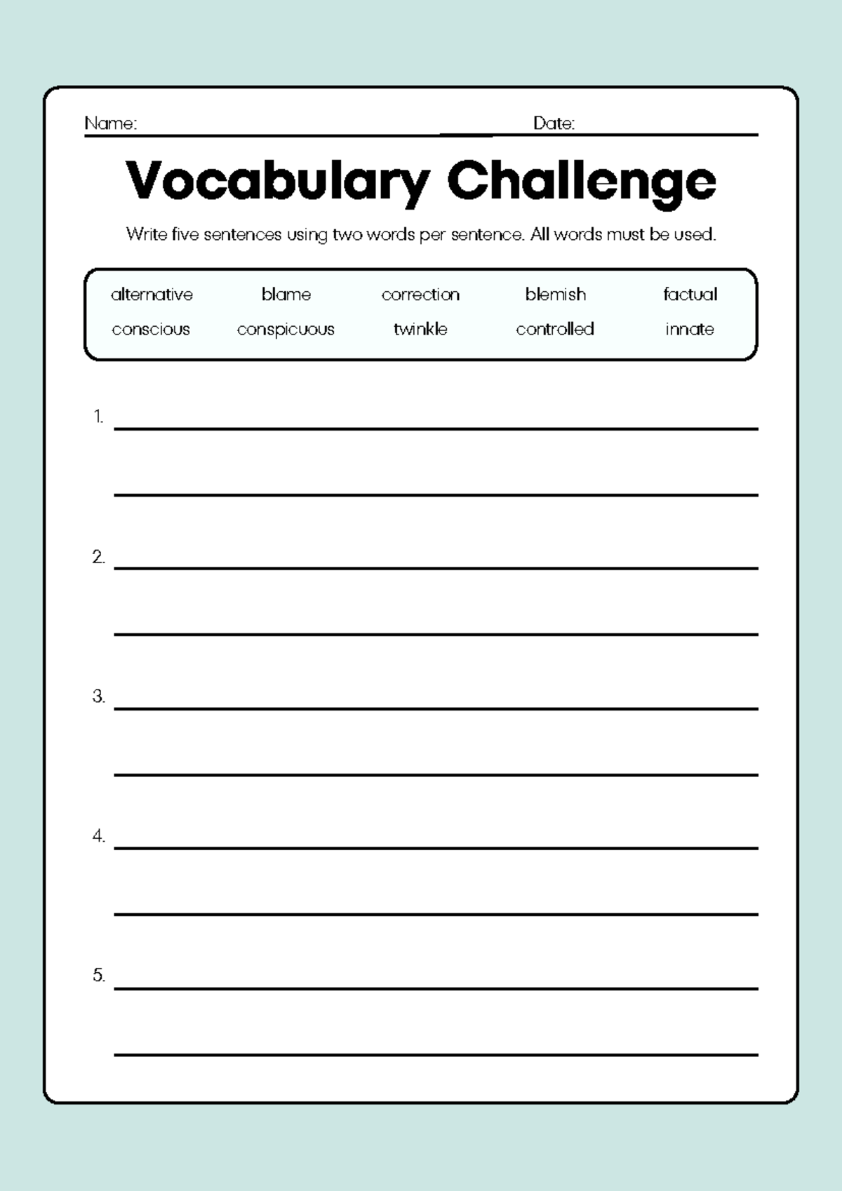 Vocabulary Sentences Writing Worksheet in Blue White Simple Style ...