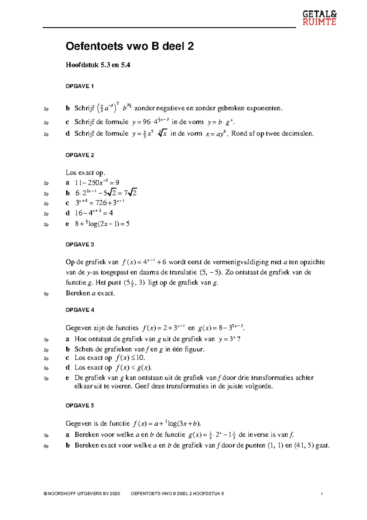 Vwo 4 Wiskunde B Hoofdstuk 5 5.3 En 5.4 Oefentoets - © NOORDHOFF ...