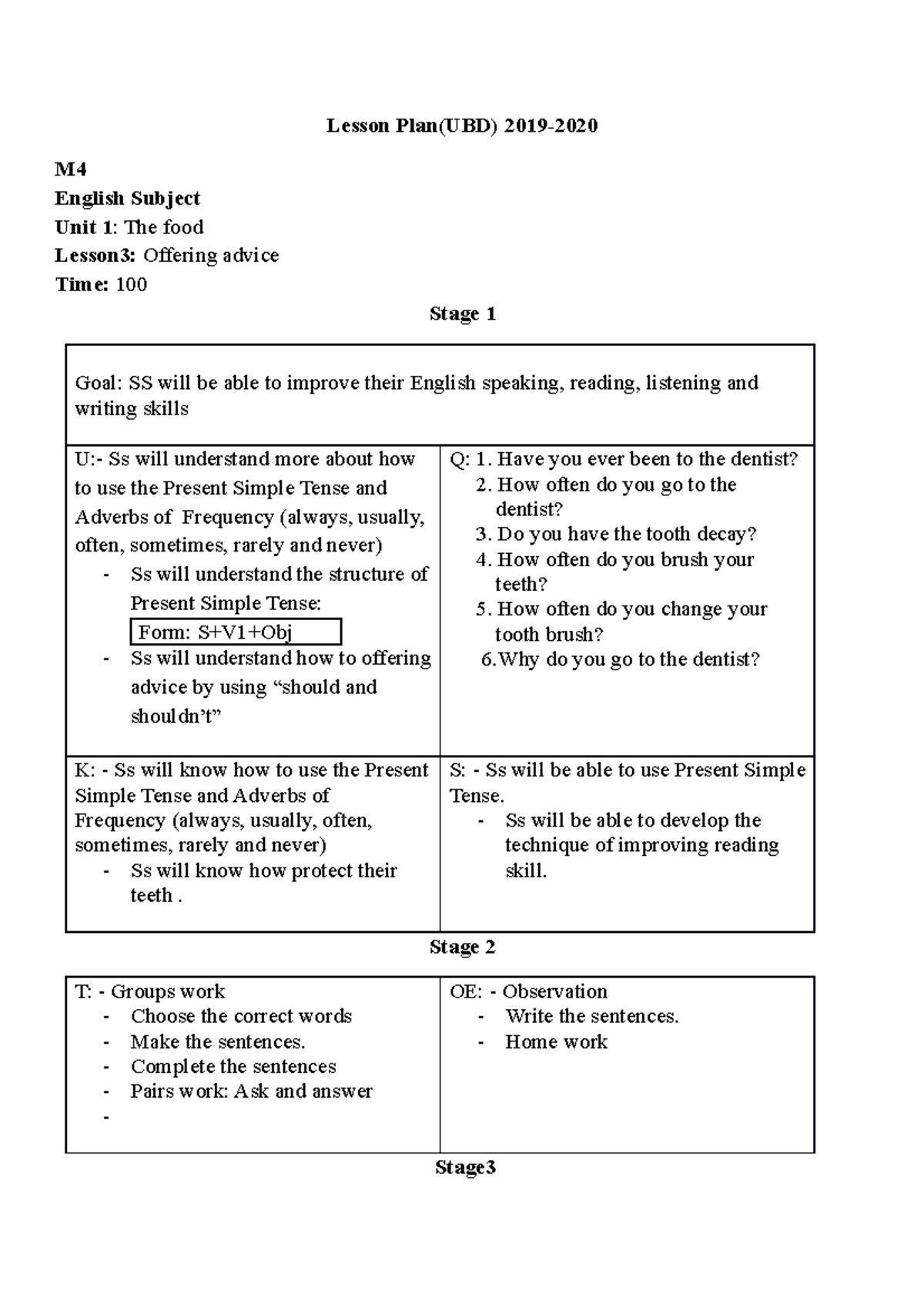 Lesson Plan(U1lesson 3) - Lesson Plan(UBD) 2019- M English Subject Unit ...