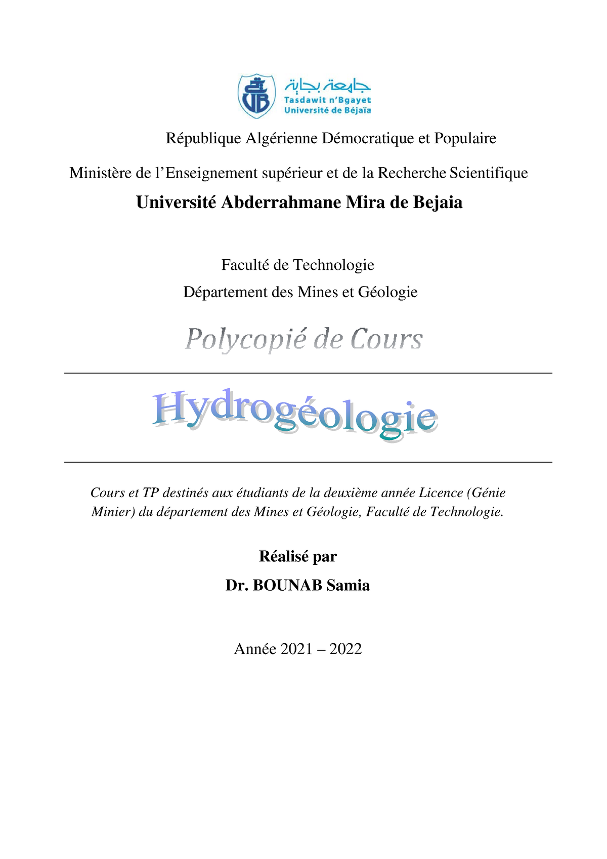 Cours Hydrog Ologie R Publique Alg Rienne D Mocratique Et Populaire Minist Re De L