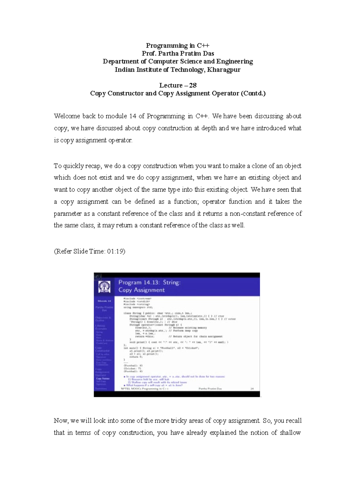 Lec 28 Module 14 Copy Constructor and Copy Assignment Operator (Contd ...