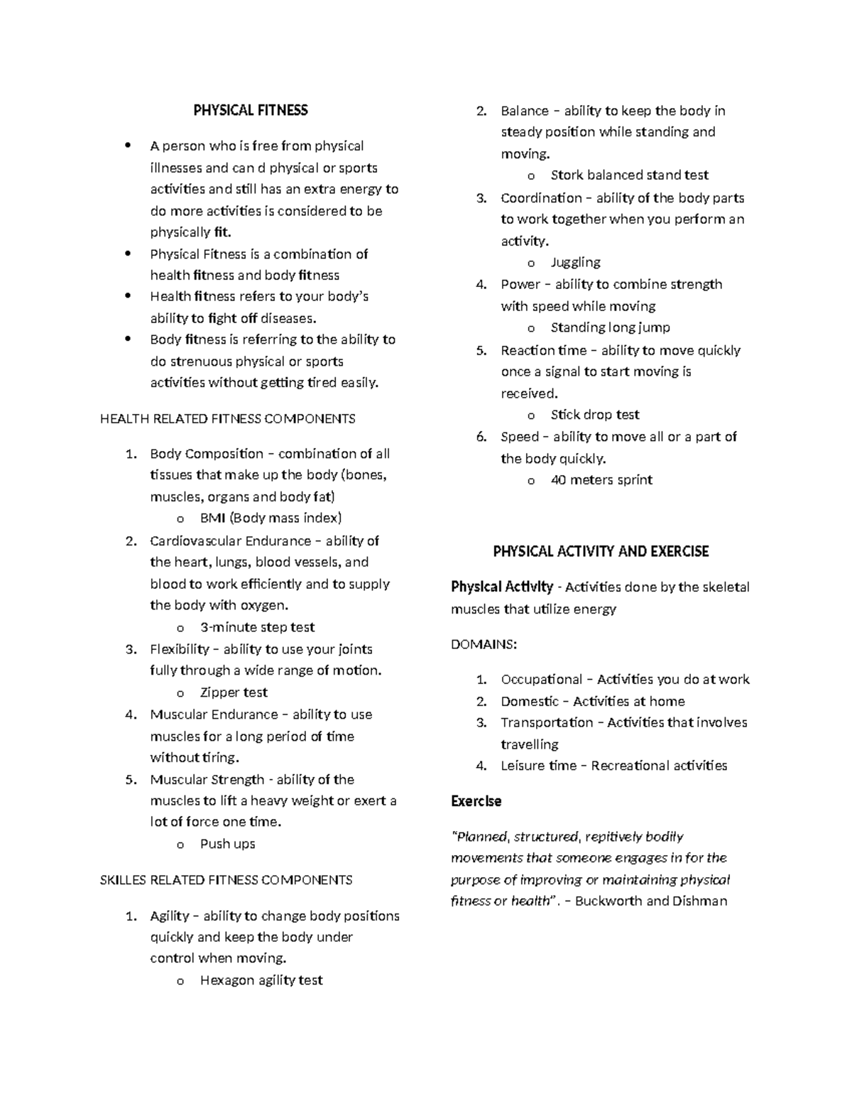 PE Grade 11 Quarter 1 Reviewer - PHYSICAL FITNESS A person who is free ...