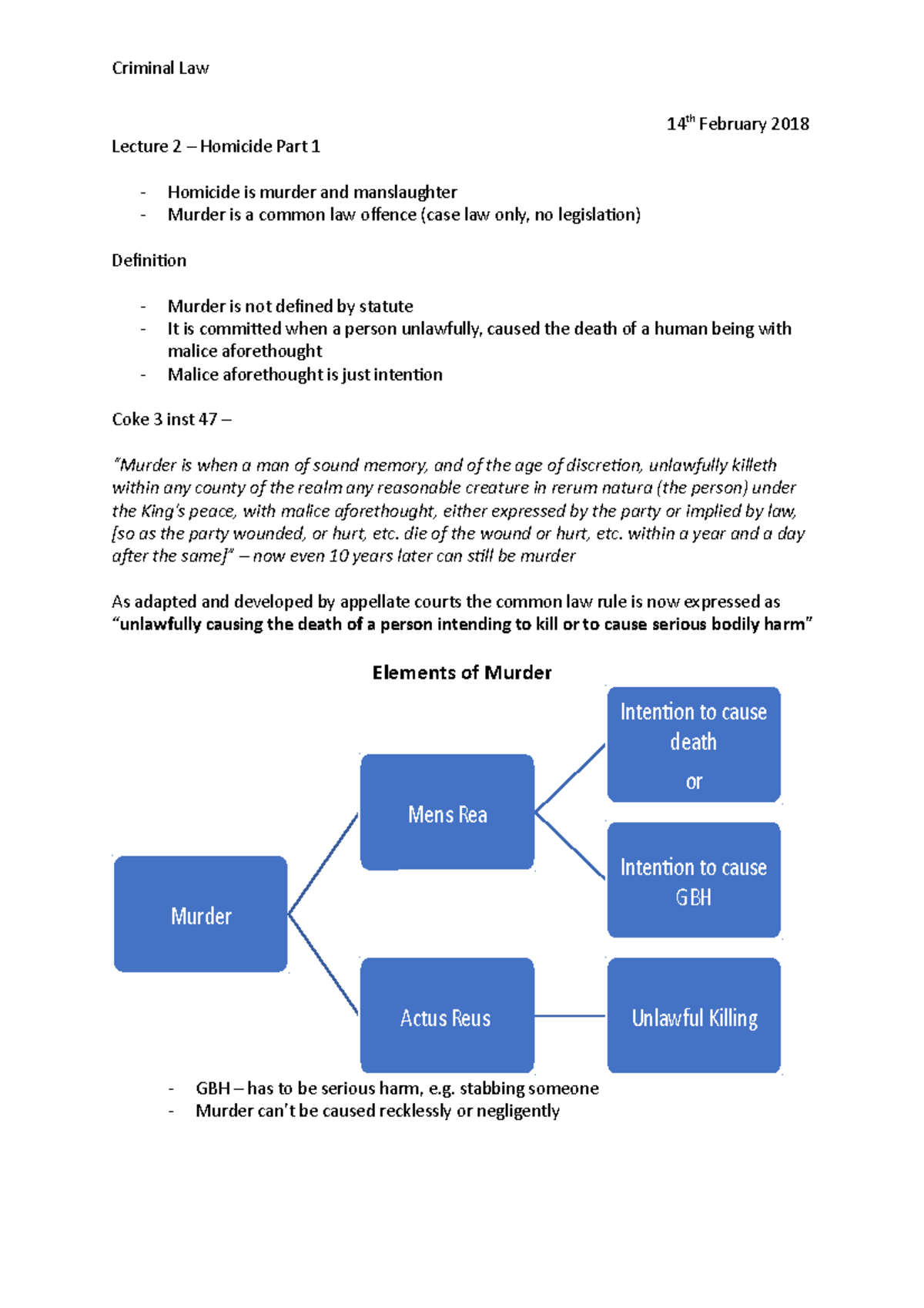 L3, Homicide Part 1 - Lecture Notes 1 - Criminal Law 14th February 2018 ...