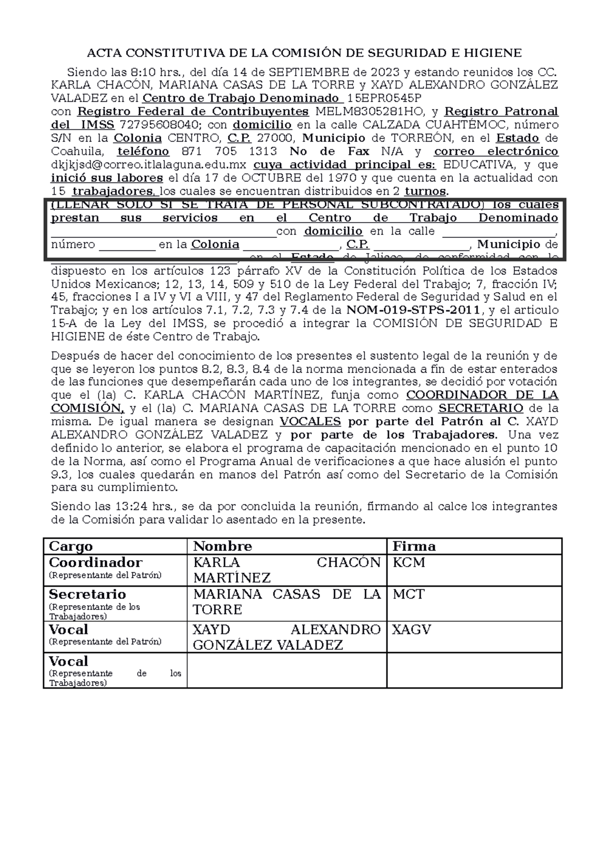 Acta constitutiva seguridad e higiene - ACTA CONSTITUTIVA DE LA ...