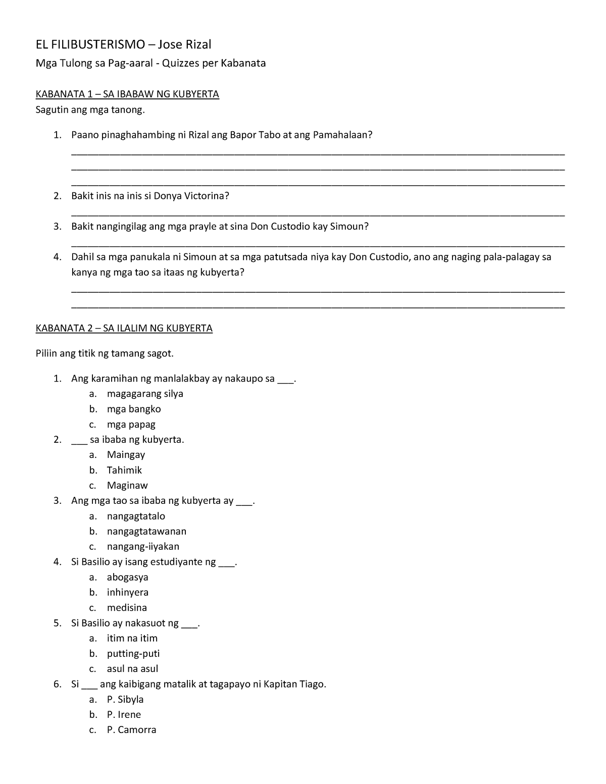 El Filibusterismo Quizzes Per Kabanata With Answers Ch El Filibusterismo Jose Rizal Mga