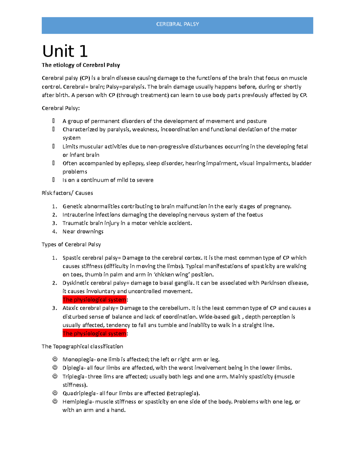 S2 Theme 1 - Summarized Notes - Unit 1 The etiology of Cerebral Palsy ...