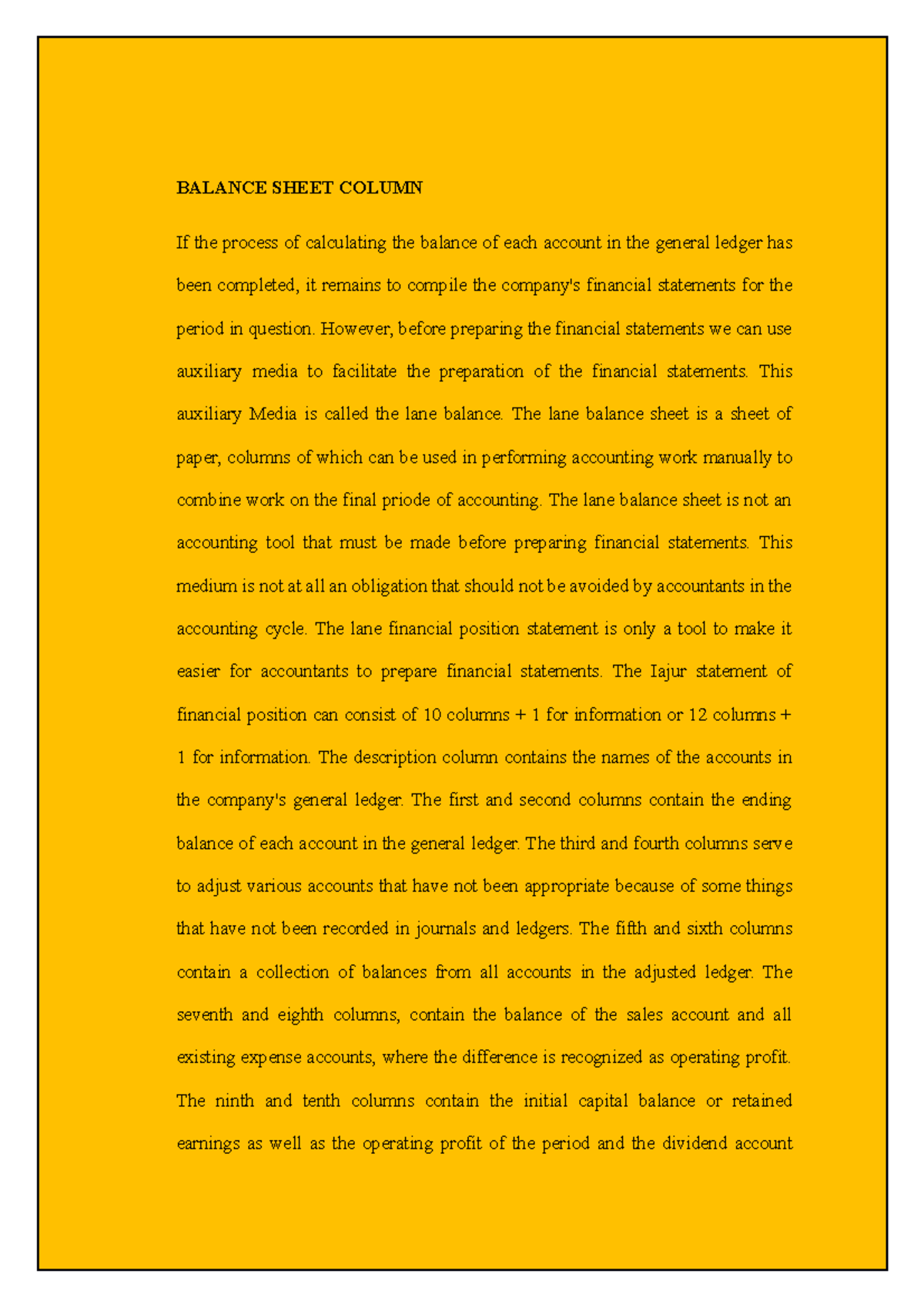 My Lecture Notes Accounting Balance Sheet Column BALANCE SHEET