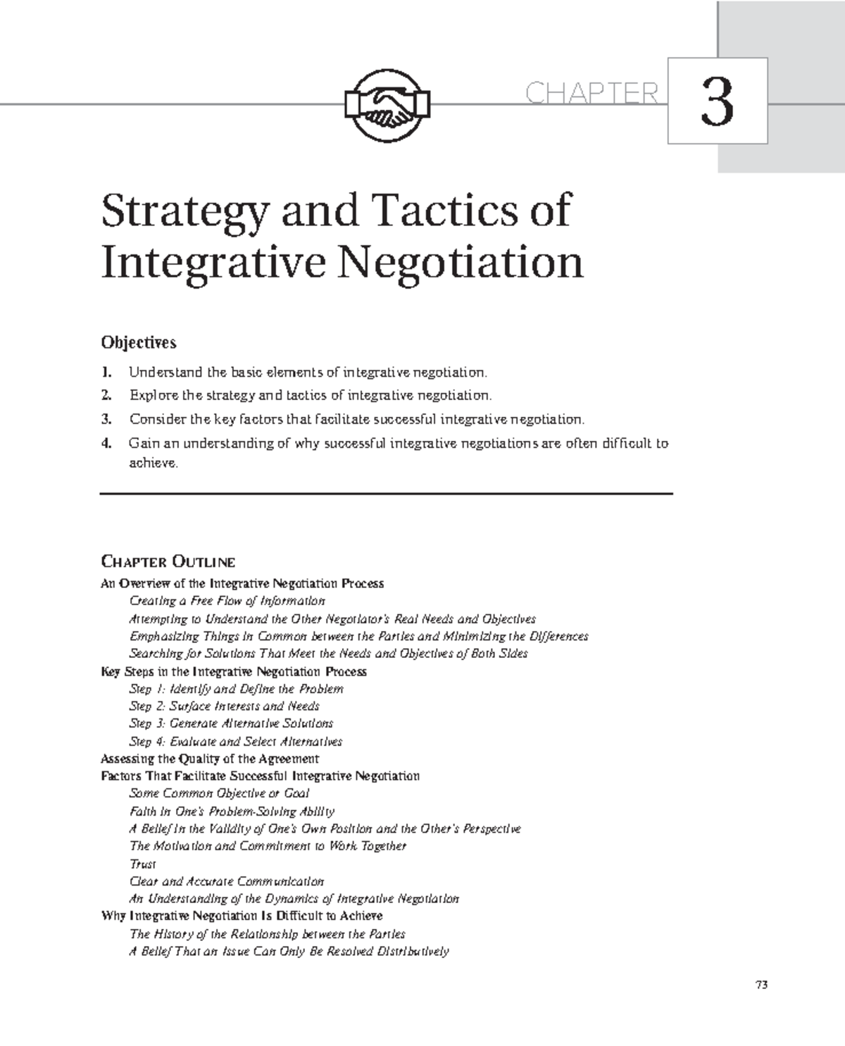 Chapter 3. Strategy and Tactics of Integrative Negotiation - 73 CHAPTER ...