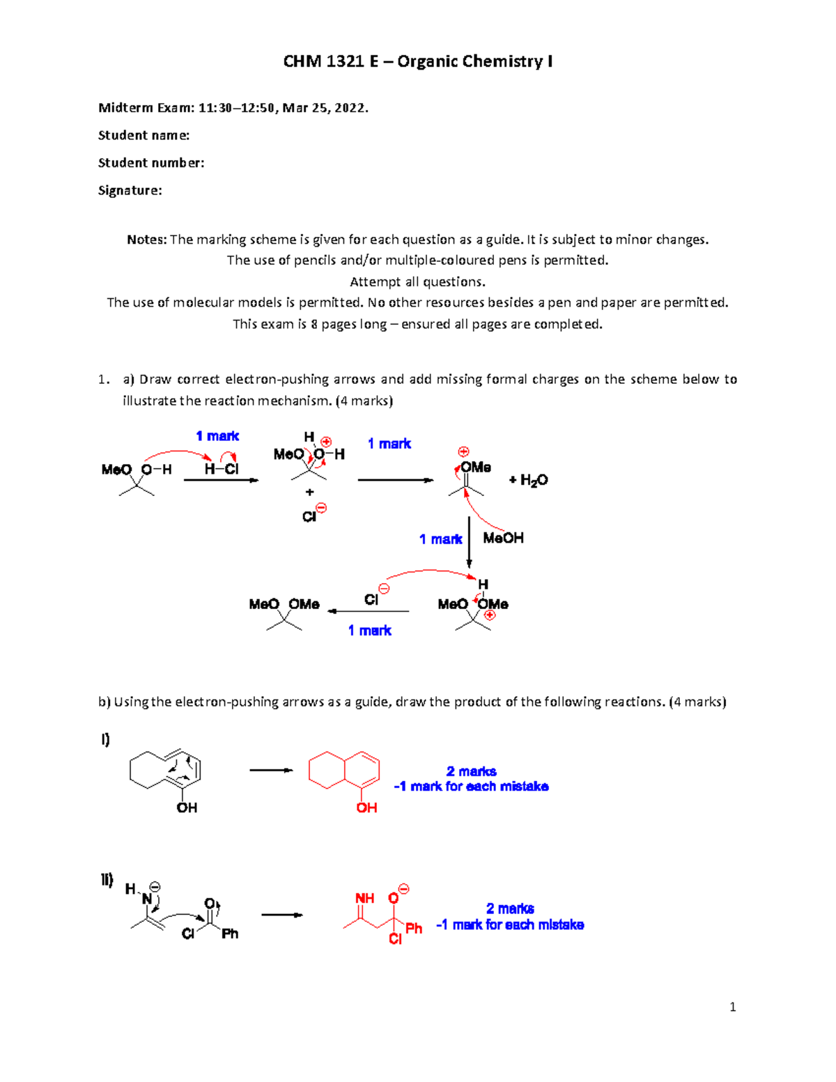 Student Doc- CHM1321 E - 2022 Midterm exam 2 answer key with marking ...