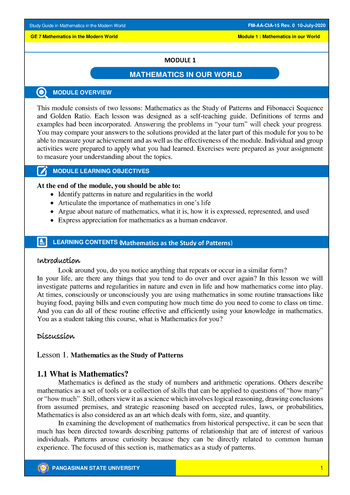 Mmwmodule- Chapter 1 - Bbajana - Pangasinan State University Ge 7 