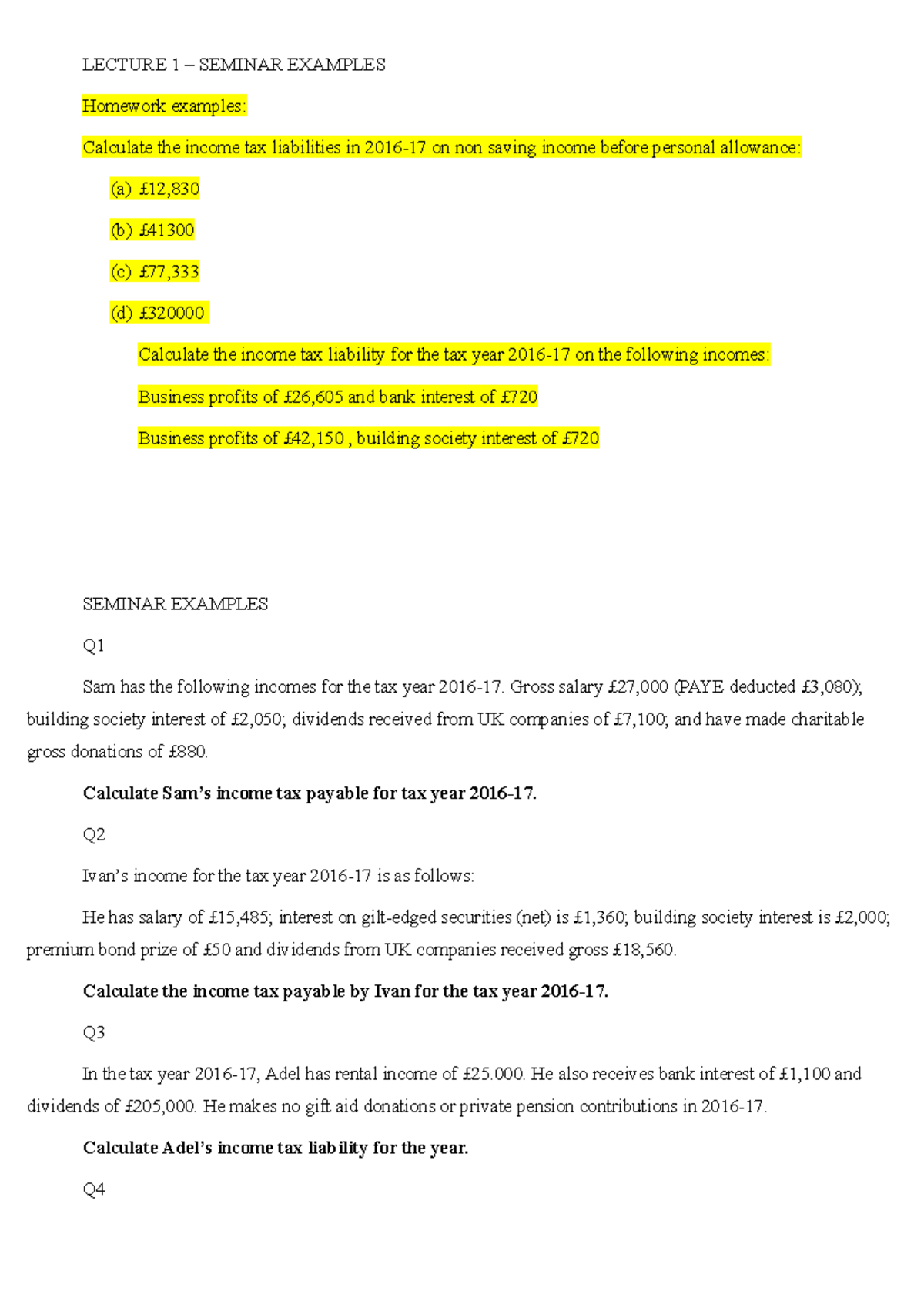 01 Lecture 1 seminar Questions 2016-17 - LECTURE 1 SEMINAR EXAMPLES ...